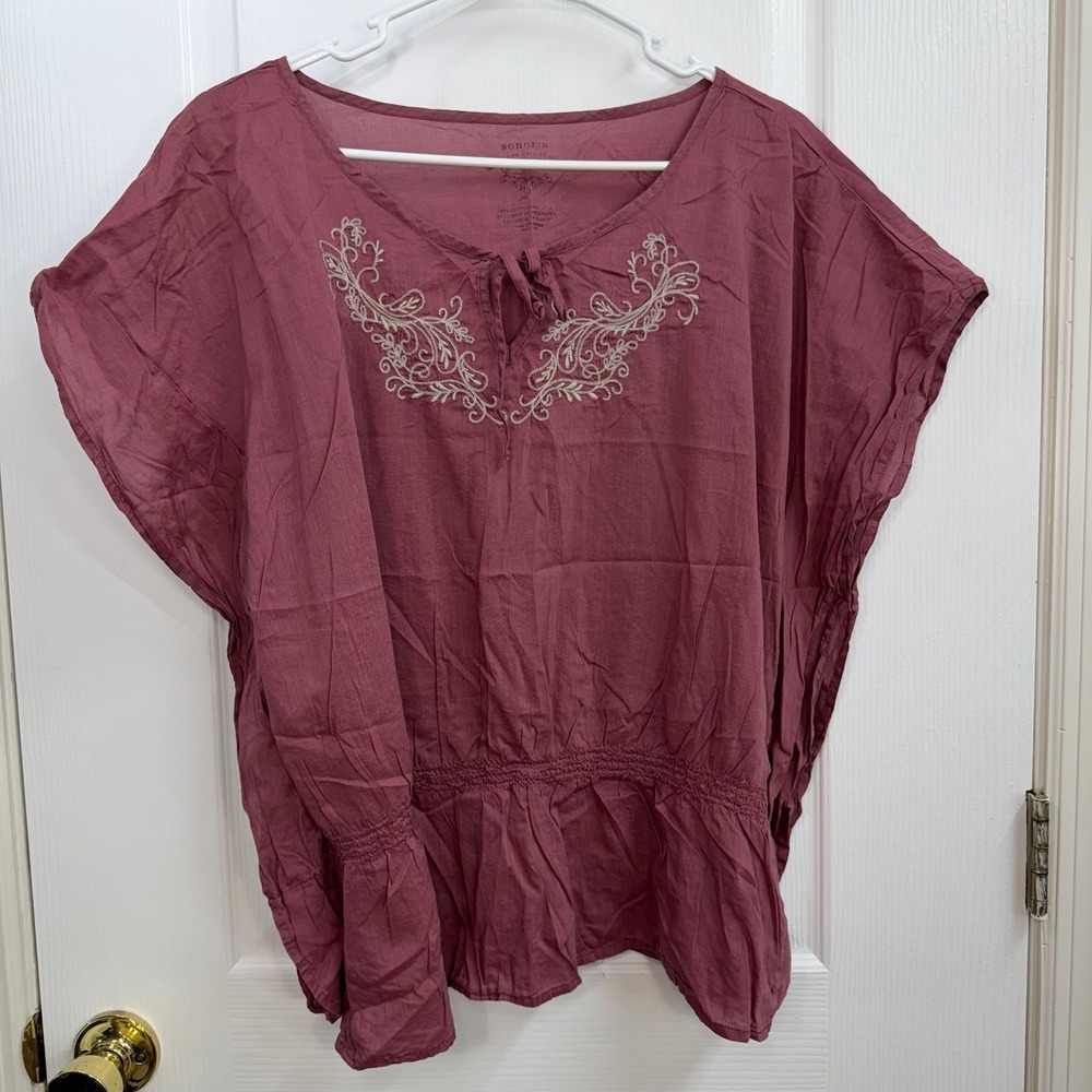 Sonoma burgundy tie neck embroidered paisley poncho fit cotton relaxed blouse XL